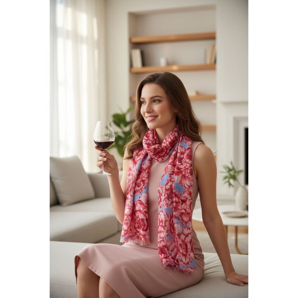 Floral Pattern Pink & Blue Lightweight Scarf Wrap For Women 72" Long x 26" Wide - Picture 6 of 16